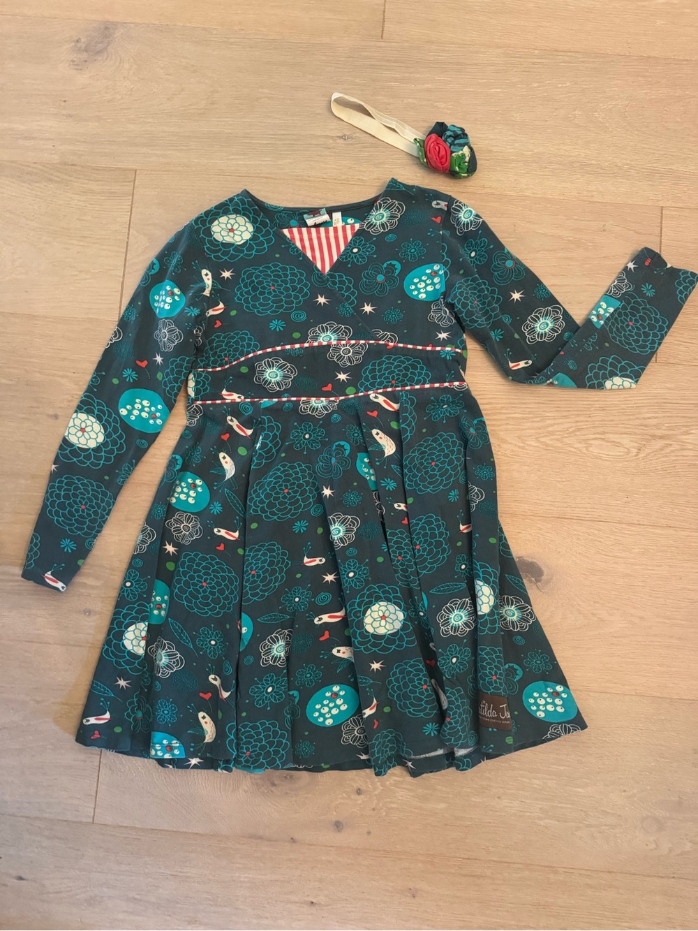 Matilda Jane Teal Floral & Bird Print Long Sleeve Dress & Matching Headband